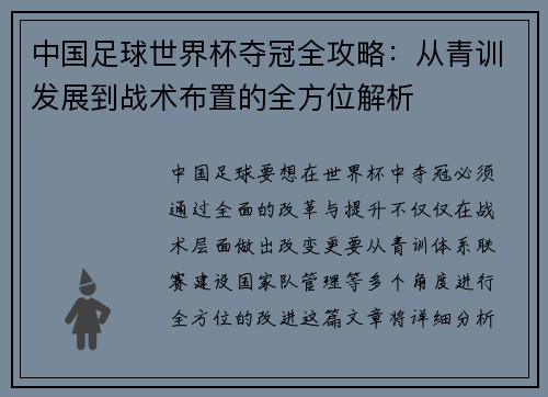 中国足球世界杯夺冠全攻略：从青训发展到战术布置的全方位解析